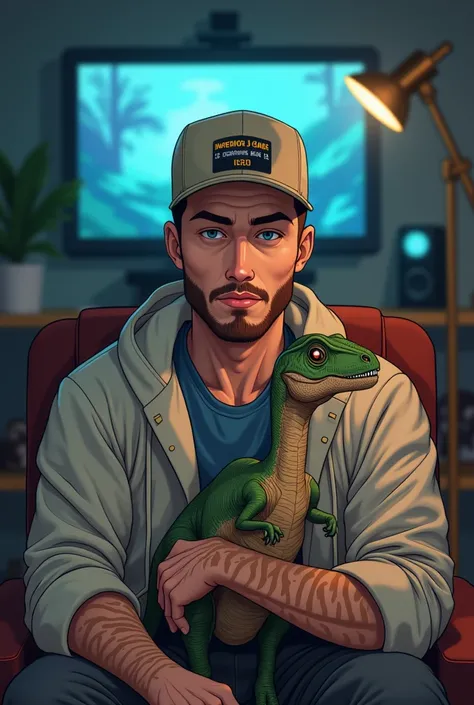 Anime-inspired poster capturing a scene of a 29-year-old Brazilian white man, hair cut machine shaved from the sides, A little bald and machine shaved on the side, With a beige cap, machine-made short beard, dressed as a paleontologist , with a baby dinosa...