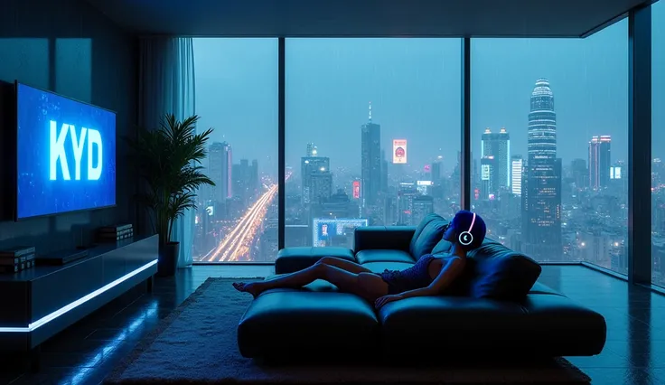 A cyberpunk living room on the 20th floor of a futuristic skyscraper in Tokyo, Japan. The room offers a breathtaking view of the entire city, illuminated by neon lights and holographic advertisements. Outside, heavy rain pours down, with raindrops pounding...