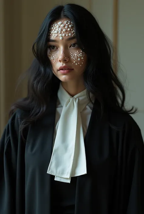 A woman with black hair is wearing a lawyer robe and has white spots on her skin and is looking at her side

