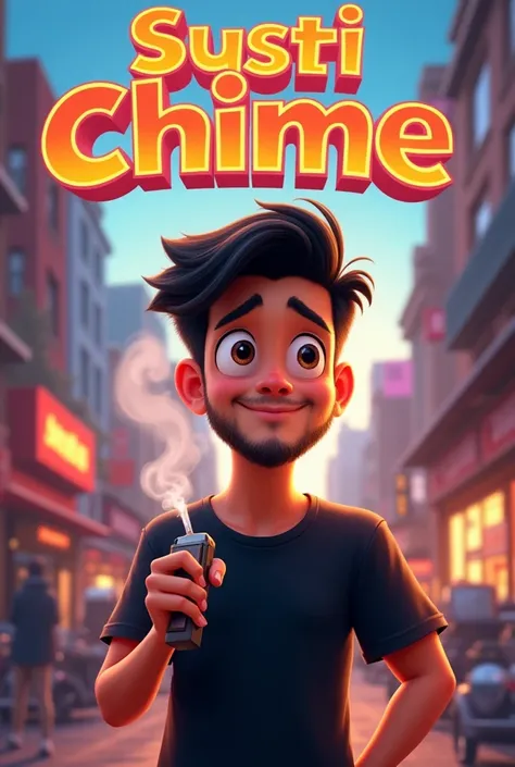 Disney Pixar poster of A boy a little brown and wide but not fat in a black t-shirt with shaved black hair and a short beard smoking a vaper and wearing the title of SUSTI CHIME