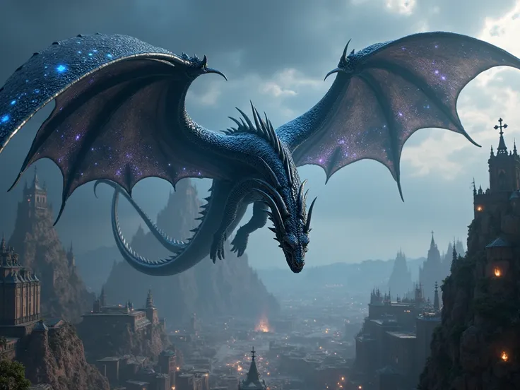 a black dragon with scales as bright as stars, Flying over a kingdom with people running to hide, 3D