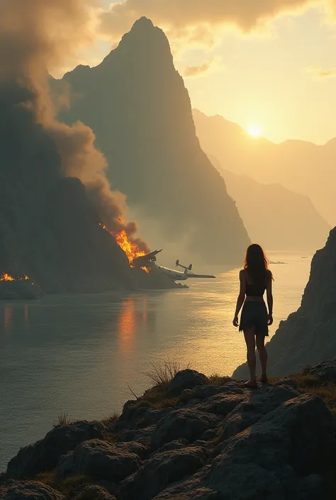 Woman with her back on a mountainous island, in summer, observing the wreckage of a wrecked and burning plane. May the image convey mystery 
