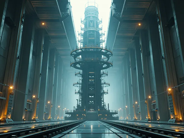 Image of a futuristic energy generating tower 10 m high and 5 m wide, it is located in the middle and inside a huge building 50 m long and 20 m wide. The tower radiates a little light in its center. Alternators and rectifier bridges are present on both sid...