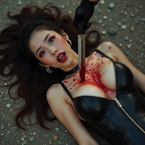 Gorgeous asian woman, with ponytail, hoop earrings, choker, exposed huge oversized breasts that have red liquid on tips with black leather catsuit that's been unzipped & ripped open. Eraser tip breasts are red liquid. She is lying on her back of floor of g...