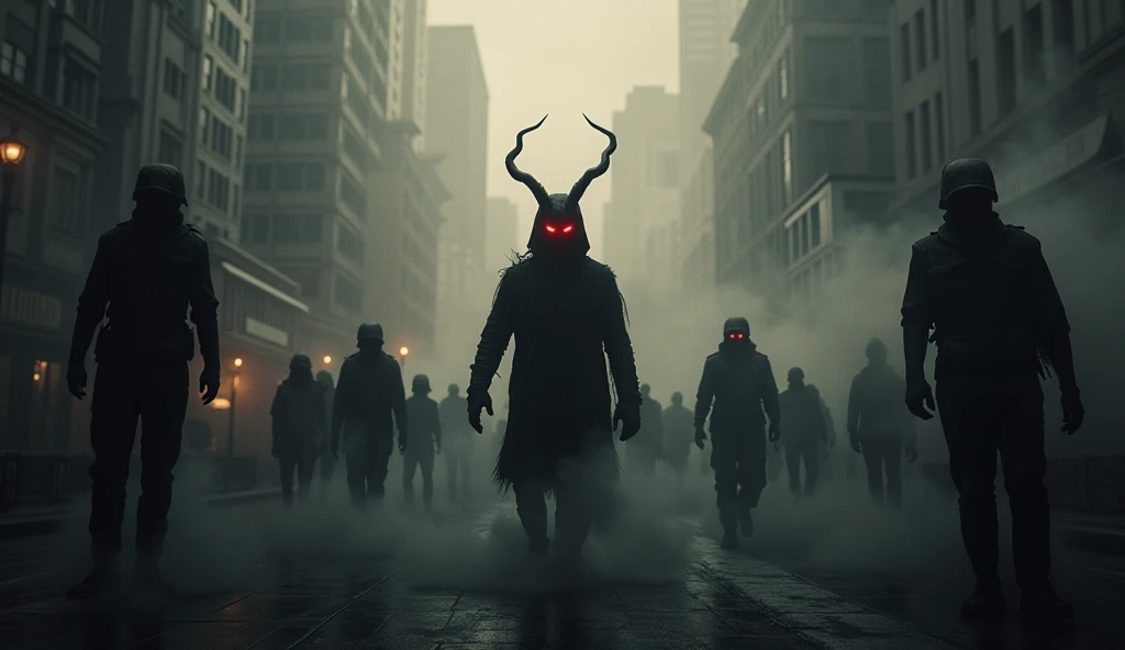 a visually impactful image,  conveying the idea of an invisible army operating in the shadows.  at the city centre,  a dark figure of a demon ,  with intense red eyes and an evil aura ,  stands out amidst a dark haze . Around this figure ,  sketches of oth...