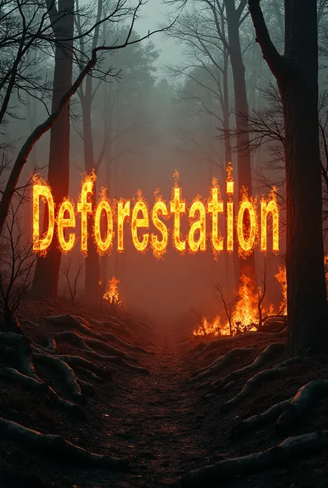 Trees on fire that spells the word deforestation