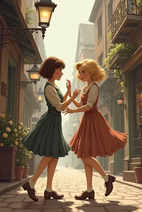 Make two girls one with blonde hair and the other with brown hair from the 1920s playing in a old neighborhood 