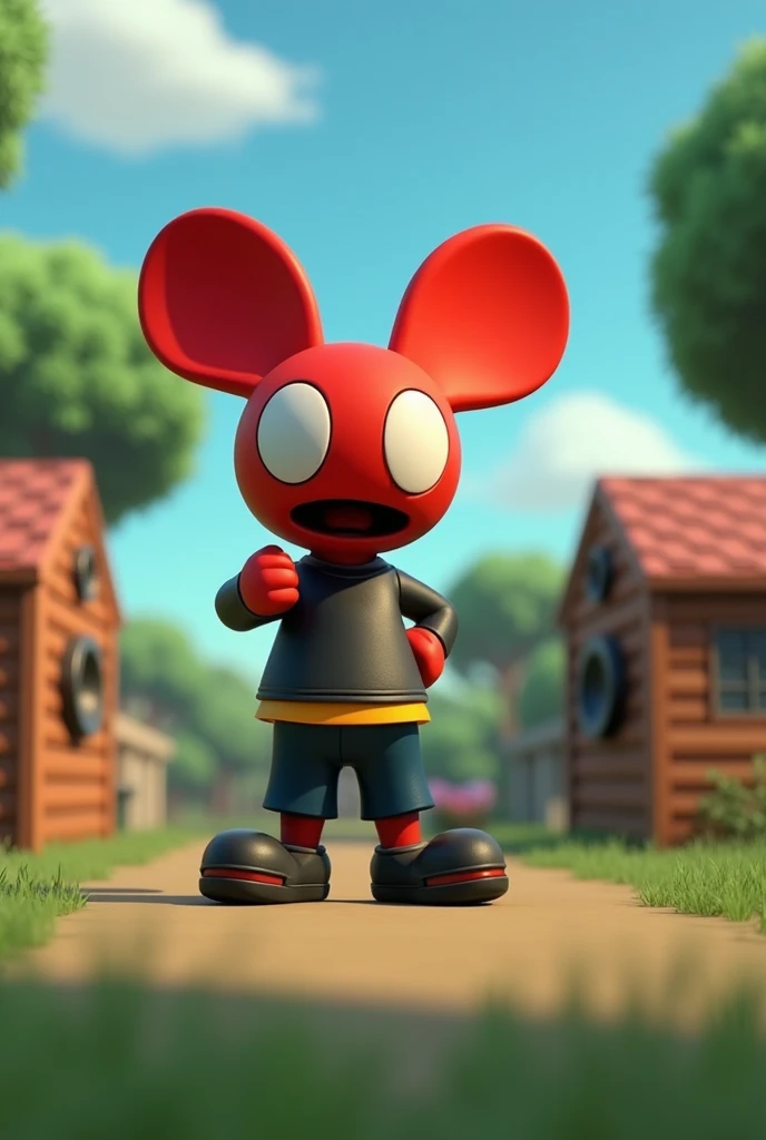 ANIMAL CROSSING, PS1 bad quality video game graphics, Wide and low angle, [ Animal crossing Deadmau5 ] in Chao Garden 2001, Dreamcast 2001 style, PlayStation 1 style, leaning pose, showing off, Ps1 aesthetic, PlayStation 1 style graphics, 2000s video game,...