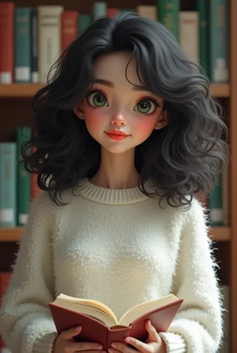 A 25-year-old slim young woman. She has medium, voluminous, moderately curly black hair. Her large green eyes, full lips, and slightly upturned delicate nose give her an adorable appearance. She is in a library, looking for a book. She looks very cute and ...