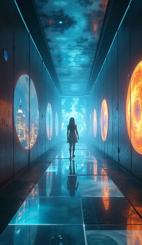 Imagine walking through a corridor where the walls seem alive, shifting and glowing as you move. The floor lights up with every step, and holographic displays float in the air, showing you glimpses of distant galaxies or futuristic cities. The air is fille...