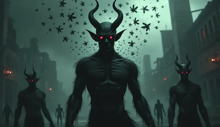  A realistic and dramatic scene , highlighting Beelzebub ,  with its distorted humanoid shape and dark color ,  eyes and a menacing face . Around him,  a dense cloud of black flies ,  frantically spinning ,  symbolizing your connection to evil forces . in ...