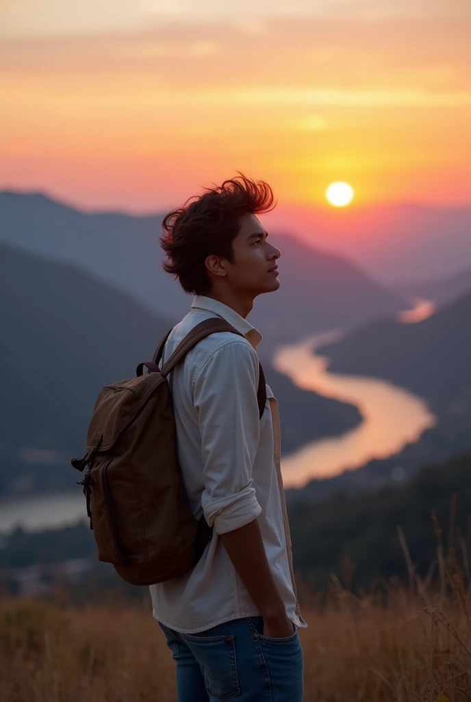 
A young man is standing on the top of a hill,  with the wind caressing his hair .  He wears a light shirt and jeans ,  and his eyes are fixed on the horizon ,  where the sun begins to set ,  painting the sky in shades of orange , pink and purple. in the d...