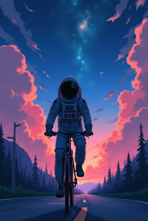 Astronaut in black suit riding bike on road, dreamy psychedelic, uzumaki, studio ghibli still, psychedelic sky, psychedelic aesthetic, cosmic sky. by Makoto Shinkai, Dreamyart, movie screenshot, dream drawing, LSD waves, psychedelic clouds, psychedelic tri...