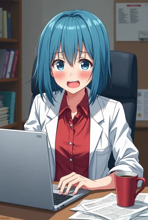 (draws a beautiful woman with semi-short, straight blue hair, slamming her laptop shut with a disturbed and scared expression, as if she's seen something that traumatized her, sitting at her desk containing messy sheets of paper, and a cup of coffee, smili...