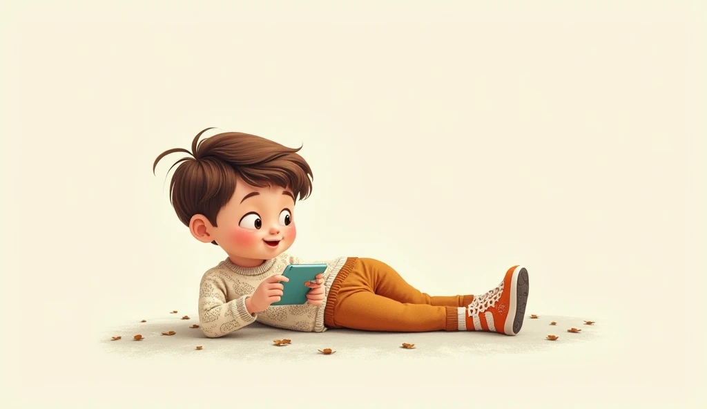 "An animated boy in 2D style ,  with a hand drawing pattern .  is lying in a relaxed position ,  holding a phone with both hands and focusing on the screen.