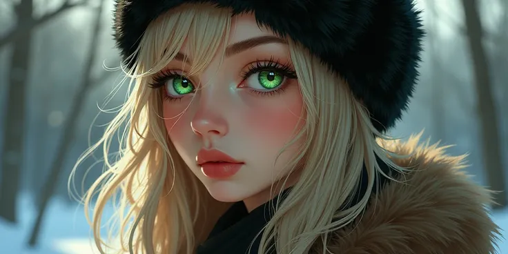  Russian girl, anime, chapeu ushanka,  dark blond hair,  green eyes, siren eyes