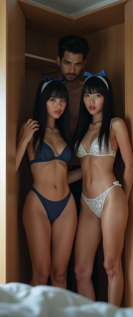 An informally dressed man enters his bedroom         ,    She opens her large wardrobe and is surprised to see that there are two beautiful women with straight black bangs and a French navy blue thong from the American Eagle brand with a navy blue ribbon a...