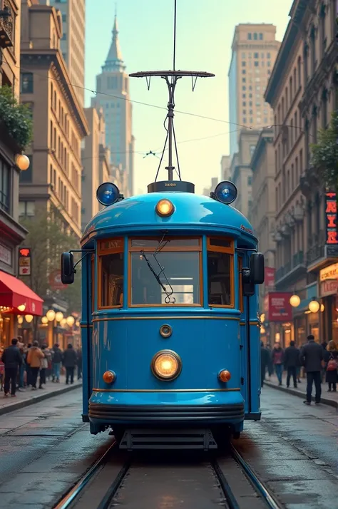 A blue streetcar 