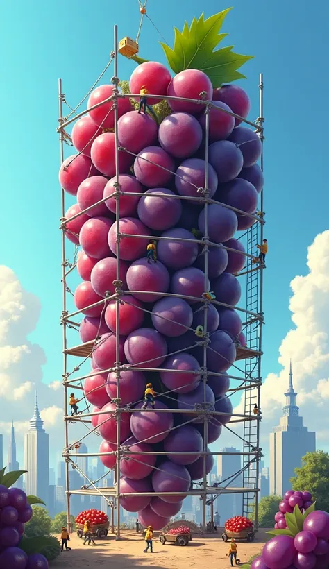 "Design an animated scene where tiny construction workers are assembling a towering skyscraper made from clusters of oversized grapes. Show scaffolding wrapped around the grape tower, workers climbing ladders, and using suction cups to handle the slippery ...