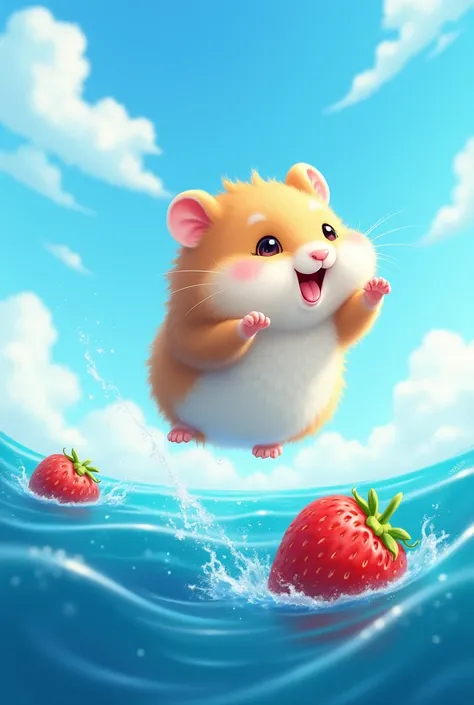 "A digital illustration of a fluffy hamster playfully leaping out of the ocean, with a vibrant red strawberry floating nearby. The hamster is mid-air, its tiny paws outstretched, and its soft fur appears slightly damp from the water. Below, the ocean is a ...