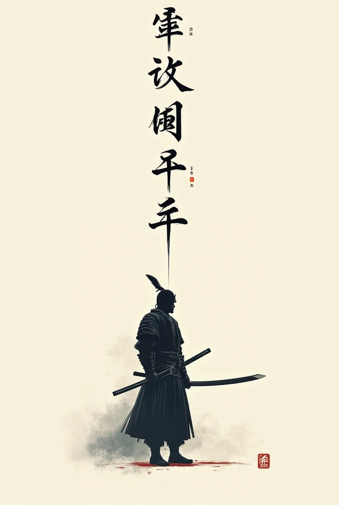 A wallpaper of the 7 virtues of bushido with a Samurai in the background, simple colors and clean graphic art design 