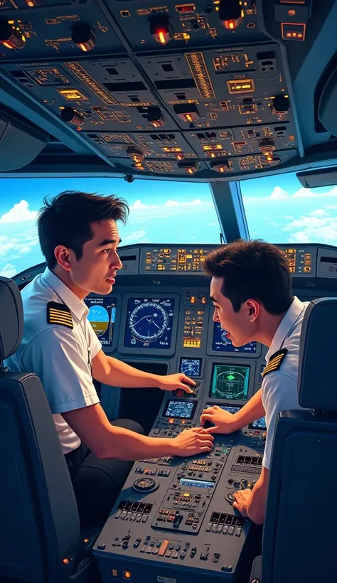 Malaysia Airlines Flight 370. In the cockpit technical problem. Both Pilates are scared and shocked. Colourful 3d illustration images 