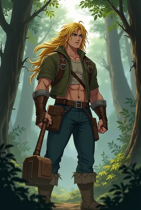 Jaune Arc from RWBY reimagined as a young lumberjack with long blonde hair wielding an ancient backspiked sledgehammer.