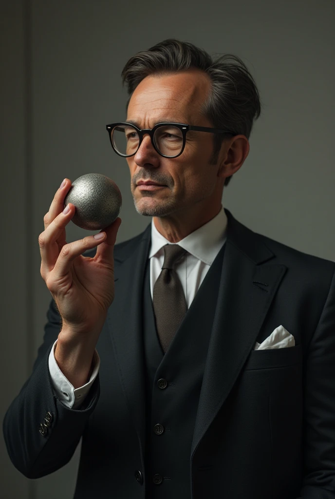 A man in a suit with spectacles holding an iron ball with a radius of 1 cm and looking at it