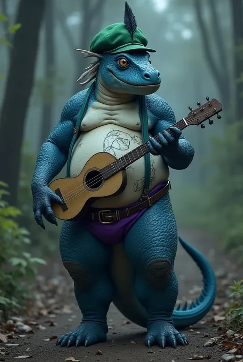 Create a blue dragonide ,  with a lute in hand,  The swollen belly , covered with huge whip scars, dressed only in purple underwear and leather suspenders, a green cap on the head and a black feather 