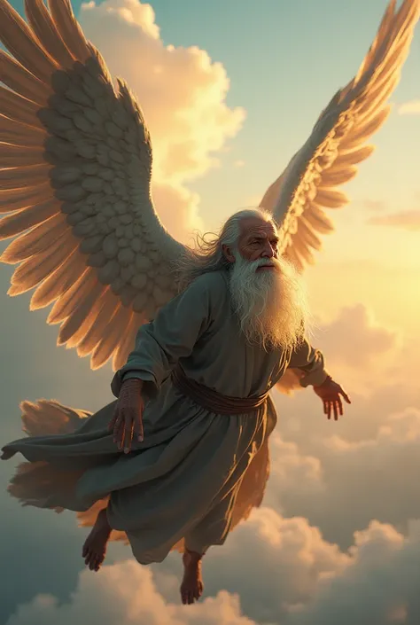 An old man with wings flying away