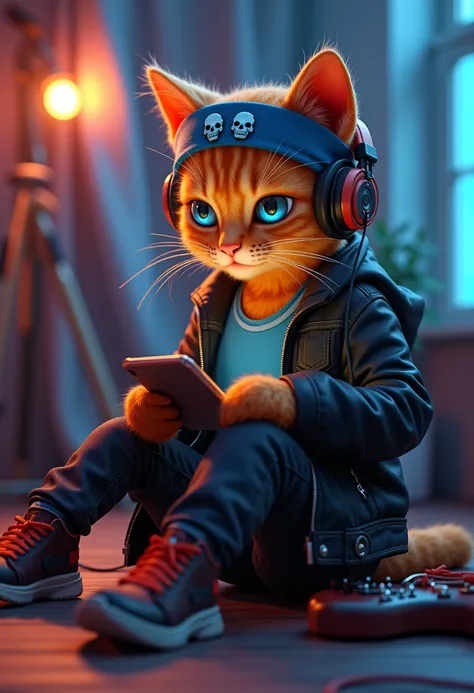 3D punk rock fantasy, 1 cat playing mobile game, ((cinematic light)), colorful, hyper detail, dramatic light, intricate details, best quality,  (beautiful detailed face, beautiful detailed eyes), high contrast, (best illumination, an extremely delicate and...