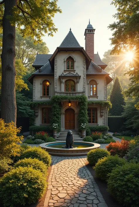 A unique architectural villa surrounded by medium-density trees, brightly colored plants and the sun is shining. There is a garden with a small fountain with a black lion in front of it and golden eyes