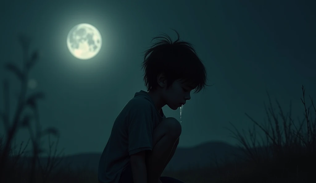 Lonely boy crying in night front of moon