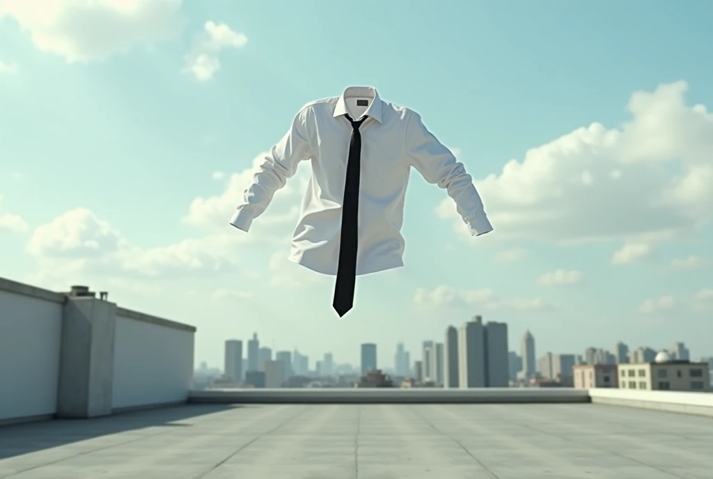  white shirt and black tie thrown into the air empty and unbuttoned. The background is a roof of a kind 