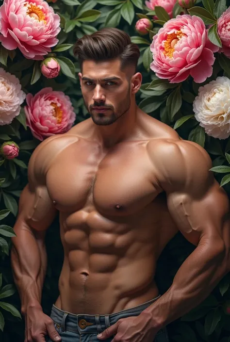 Very sexy muscle gay with peonies