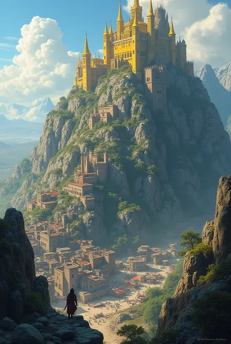 Create a city on a mountain, At the top a yellow castle, Around the middle of the mountain is a city with knights and merchants, At the base of the mountain are the poor and the poor merchants 