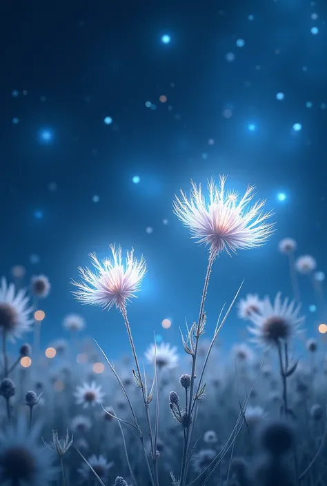 Prompt:
“Deep blue sky with bright white details, similar to a galaxy .  The milkweed shines brightly ,  creating a heavenly and magical effect .  The scene conveys a cosmic and surreal atmosphere ,  mixing realism and fantasy .”