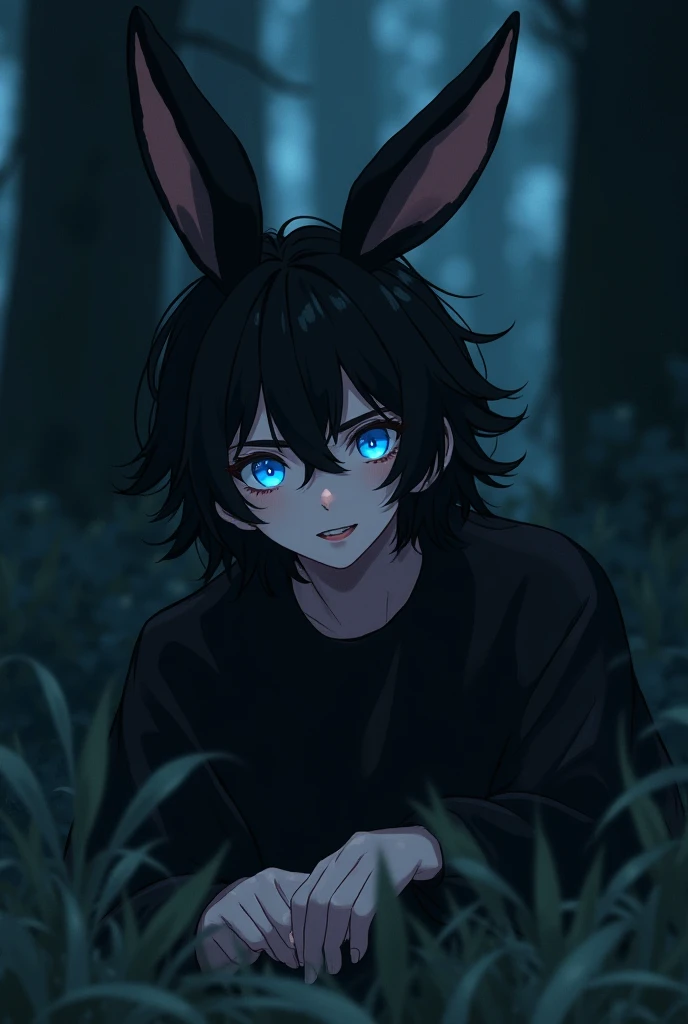 a rabbit hybrid half human male. 18 years old. hair between eyes, bangs, shoulder length hair. in a dimly lit forest. wearing a black oversized shirt. His long black rabbit ears, drooping around his head and face. pale skin contrasts with his dark black, m...