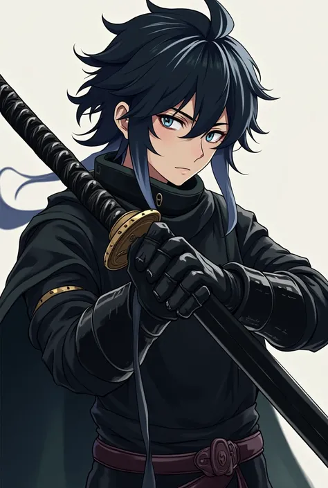 in anime form, Create an image of a swordsman wearing simple but very detailed leather armor, and wields a matte black sword that exudes a black aura, Your hair is black with white highlights,  your eyes are white and your face is calm, Without any express...