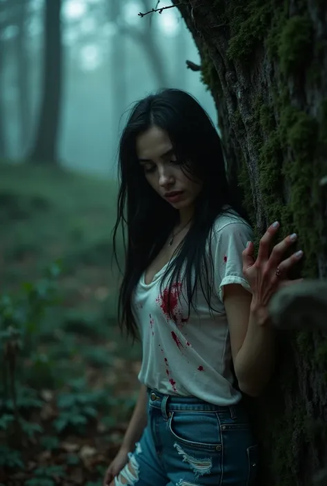 Ultra-realistic photography of a 30-year-old femme fatale with long sleek black hair, hazel eyes, and an hourglass figure, hiding terrified behind a moss-covered oak tree in a dense foggy forest. She wears a blood-soaked ripped white t-shirt (fresh claw ma...