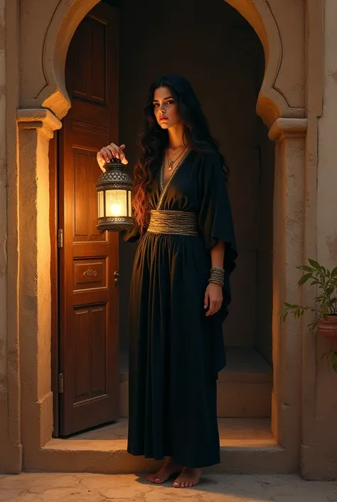 Une image réaliste avec des détails étonnants d'une belle fille marocaine aux longs cheveux noirs ondulés, portant des vêtements traditionnels marocains, un caftan noir avec une ceinture dorée, son corps exposé, sa poitrine pleine, ses pieds nus, debout à ...