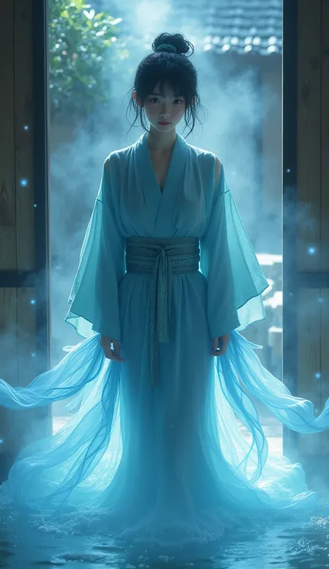 A girl in blue yokata comes out of the sauna, her eyes are blue and her ribbons are leaving a transparent glowing yokata 