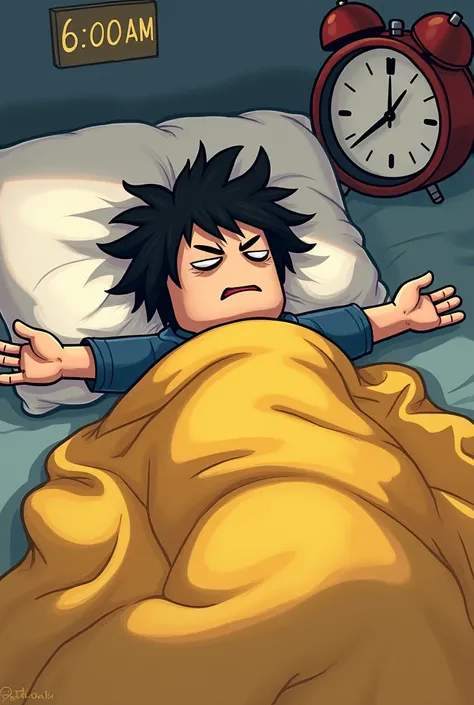 morning light,  tired face with Roblox Sigma Boy expression,  disheveled hair ,  crumpled pillow , alarm clock  (6:00), yellow blanket ,  outstretched arms. drawing style .