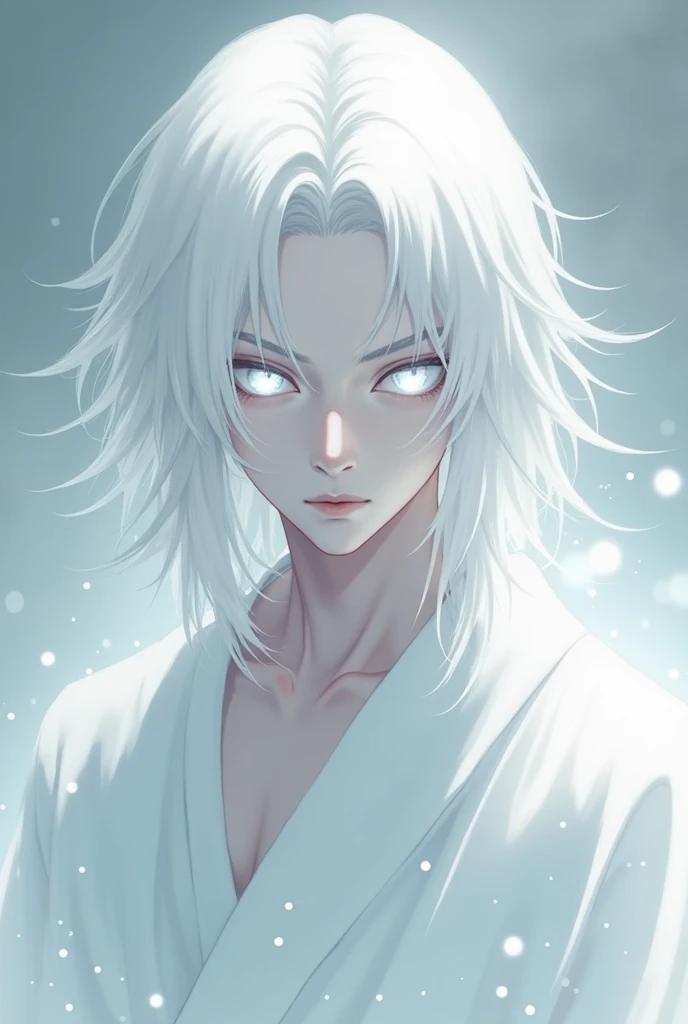 You have a white-haired man with white eyes white clothes and white skin looking at the camera (Do it like an anime )