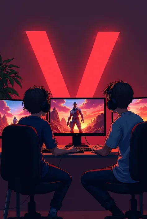  Screate graphics ,  which will feature three players playing their favorite games on computers with a red V with volcanic themes and with Fortnite themes.  Each player is two boys ,  one girl .  One boy likes Fortnite , second Roblox , a dziewczynka simy.