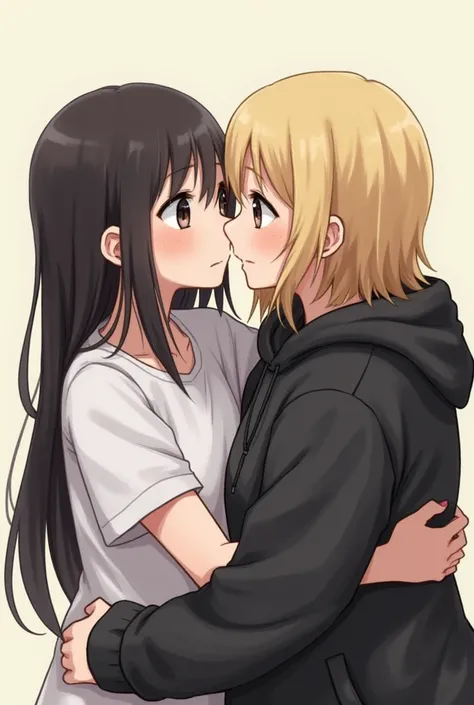 Two girls are hugging each other. One has very long hair, black eyes, is thin and is wearing a white t-shirt. The other girl has very short, slightly yellow hair, is fat, has brown eyes and is wearing a black hoodie. She is older, taller and fatter than th...