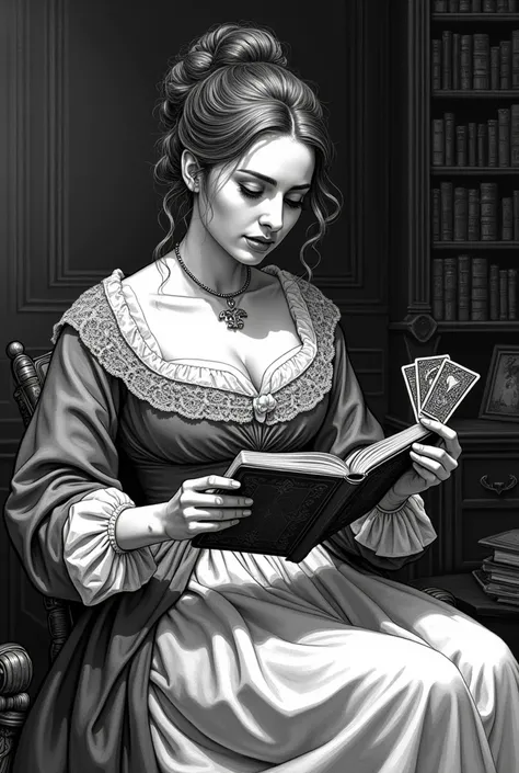 Draw me a drawing, black and white in comic style, realistic, in which a woman, to look like the 18th century, opens the cards and reads the Psalter