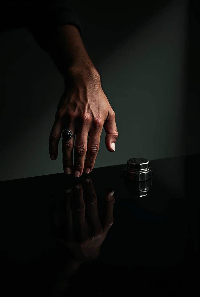 Detailed Description of the Poster Without the Perfume Bottle and Text

The poster features a dark, moody, and sophisticated atmosphere dominated by black and deep gray tones. The lighting is dramatic, focusing on a  male hand reaching downward in a natura...