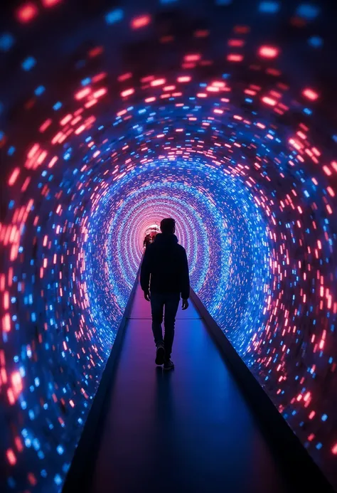 A tunnel with pulsating, color-shifting lights that react to movement