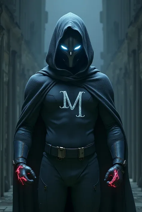 Crusader mask, gray suit, dark gray cloak. eyes glow white. cherry blue hair. The letter M on the chest. Gloves with positive and negative charge